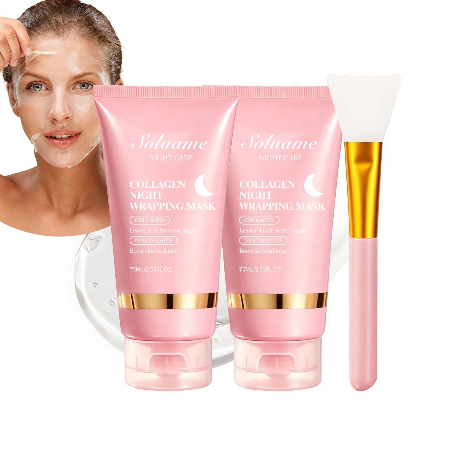 2Pcs Collagen Night Wrapping Mask Peel Off Overnight Collagen Face Mask Niacinamide, Sleeping Mask with Mask Applicator